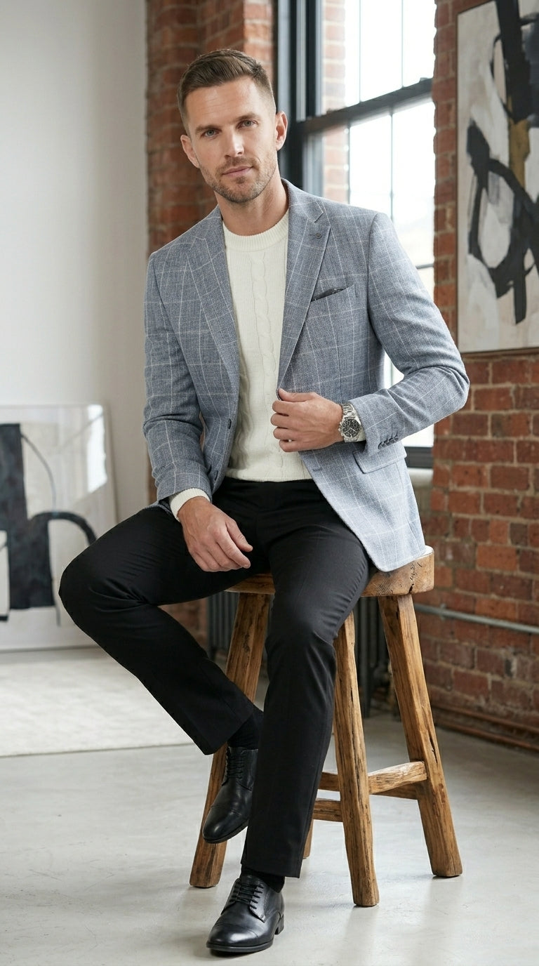 Stacy Adams Men’s Light Gray and Blue Textured Windowpane Sport Coat, Hybrid Fit Business Casual Blazer