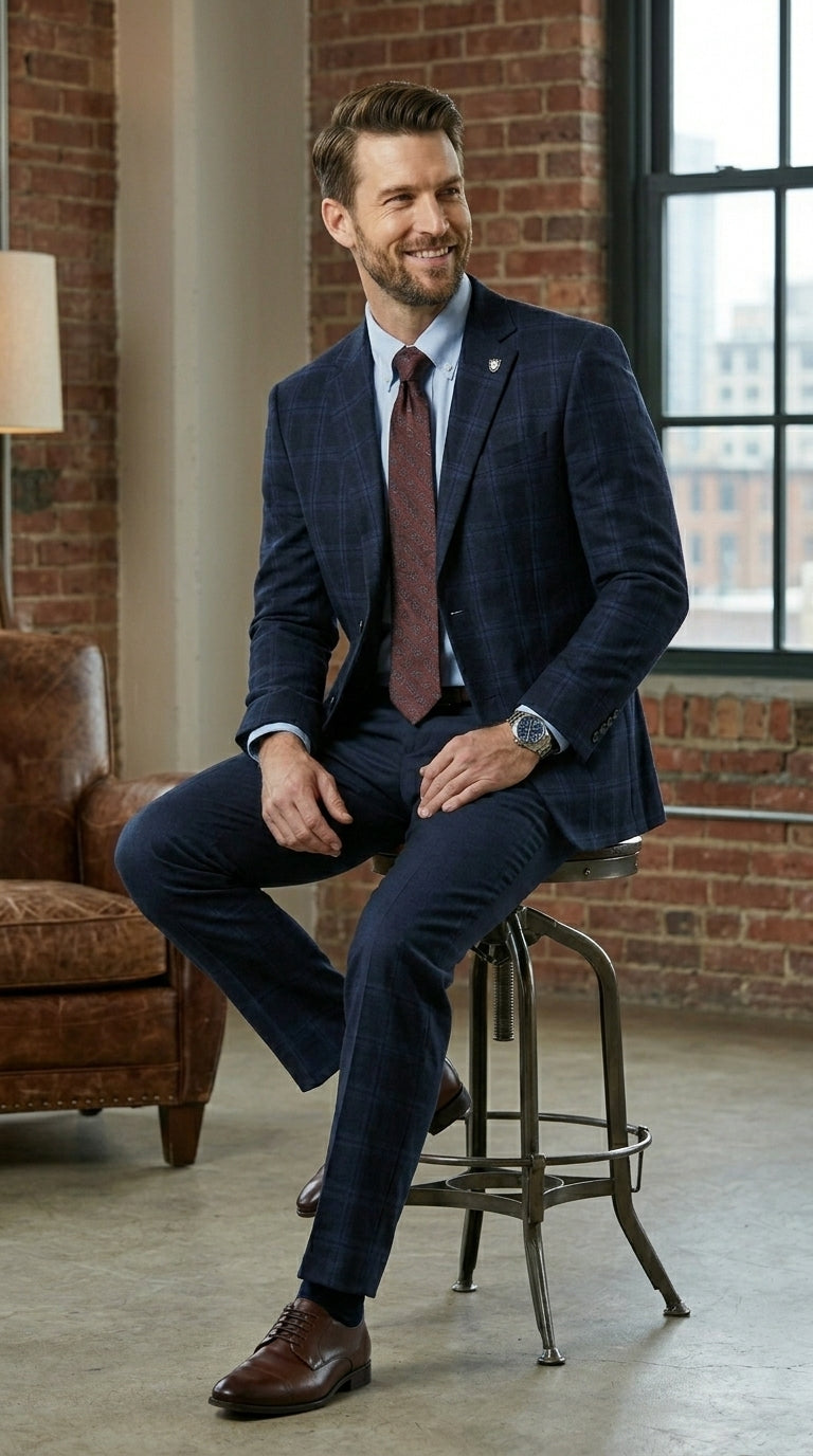 Stacy Adams Men’s Glen Plaid Hybrid Fit Sport Coat, Business Casual Blazer in Navy, Burgundy and Blue