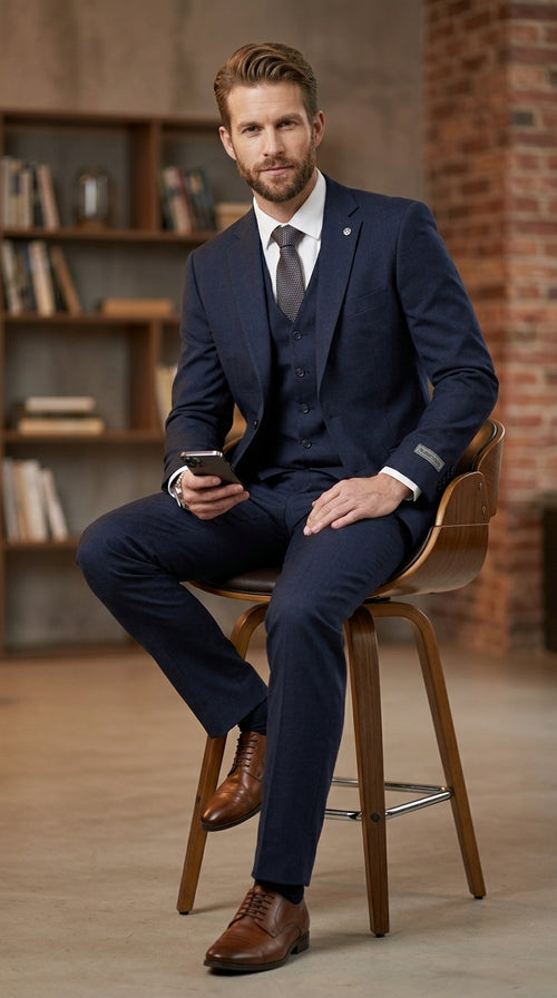 Stacy Adams Men’s 3 Piece Glen Check Hybrid Fit Suit, Formal Wedding Business Suit in Navy, Gray and Brown