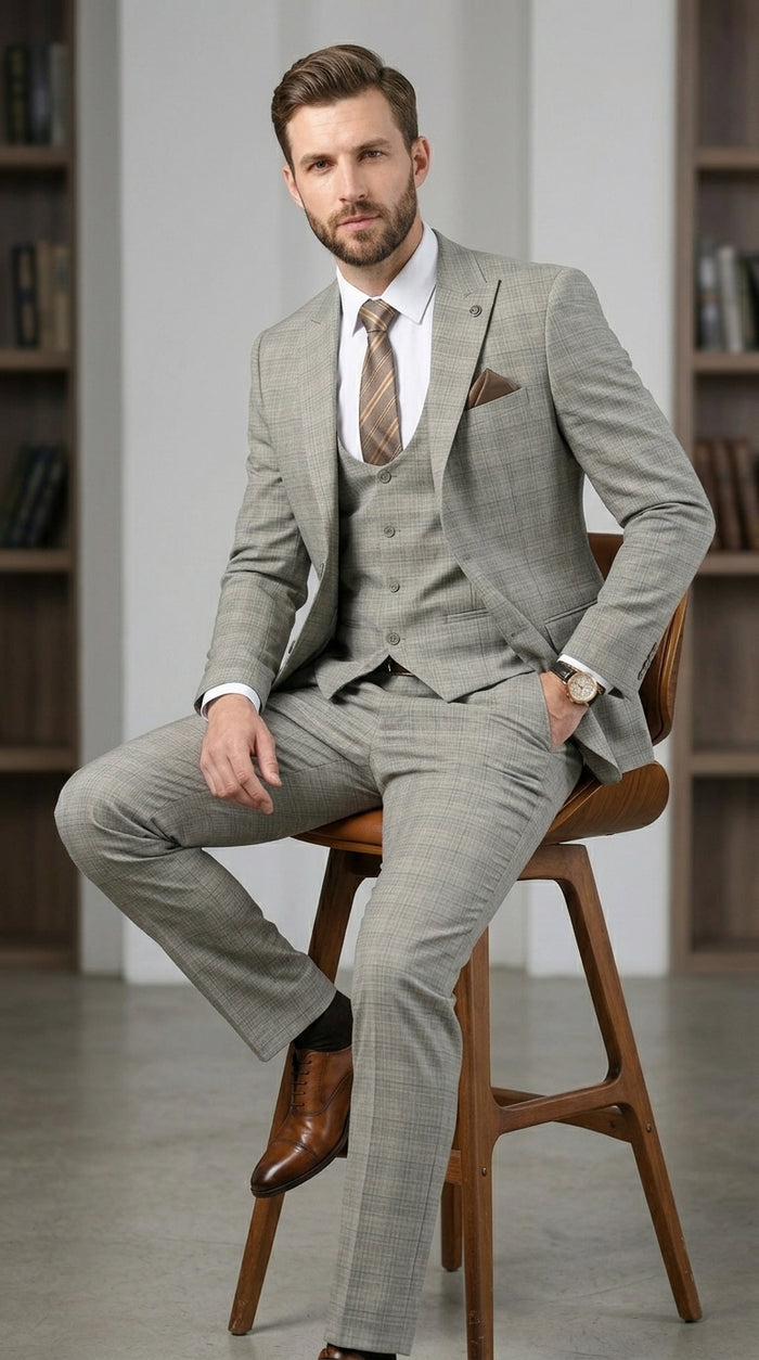 Men’s Khaki Glen Plaid Stacy Adams 3 Piece Suit, Two Button Peak Lapel Formal Wedding Suit Set