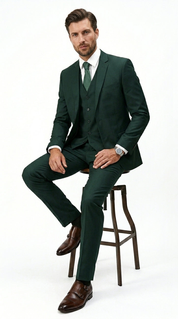 Men’s Hunter Green Vested Suit, Statement Formal Wedding Prom 3 Piece Suit Set