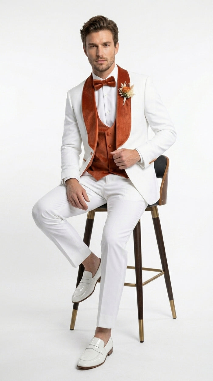 Men’s Cream Wedding Suit with Orange Contrast Shawl Lapel, Vested Groom Formal Suit Set