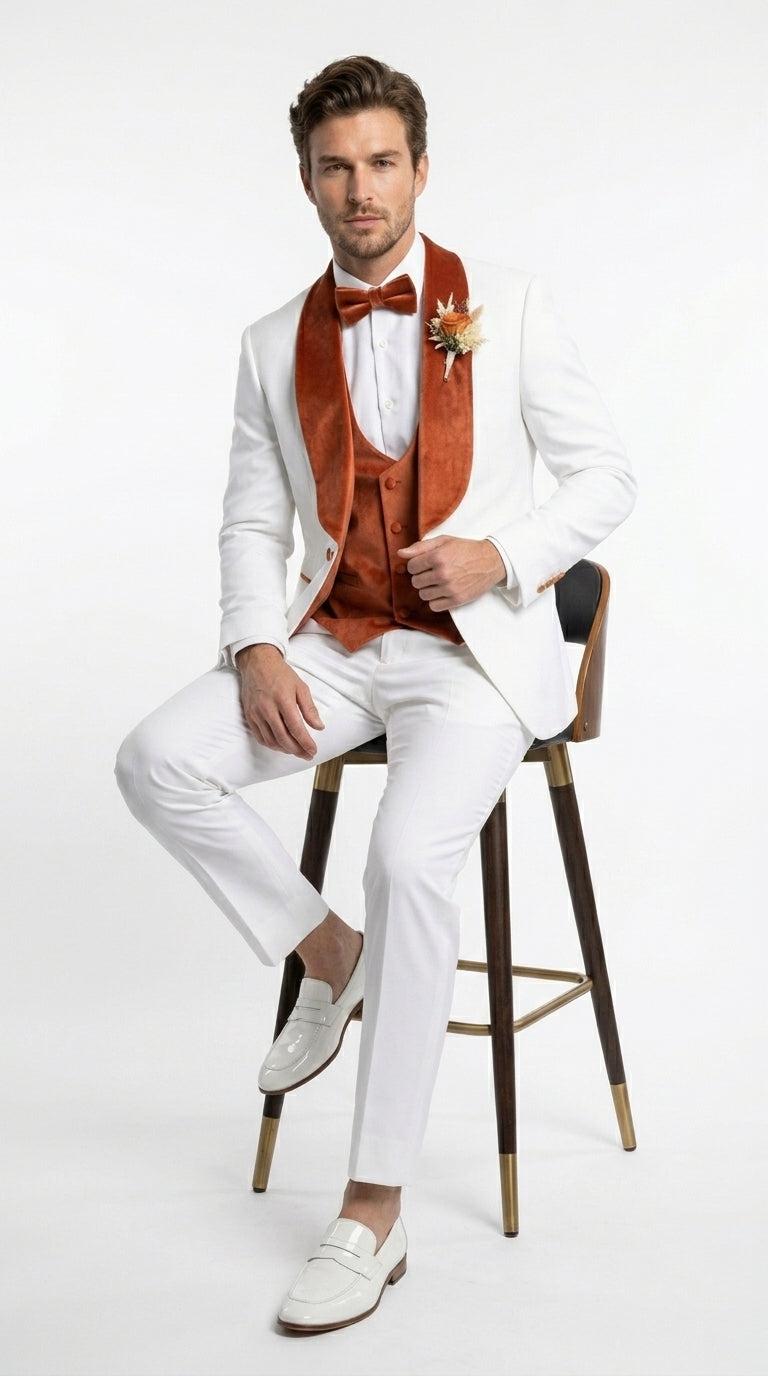 Men’s Cream Wedding Suit with Orange Contrast Shawl Lapel, Vested Groom Formal Suit Set