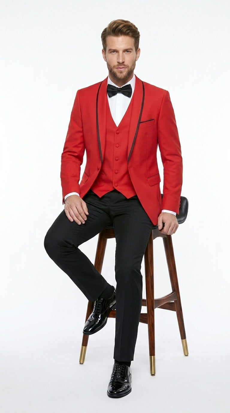 Statement Men’s Red 100% Wool Vested Tuxedo with Black Trim Fine Lapel, Wedding Prom Formal Suit Set