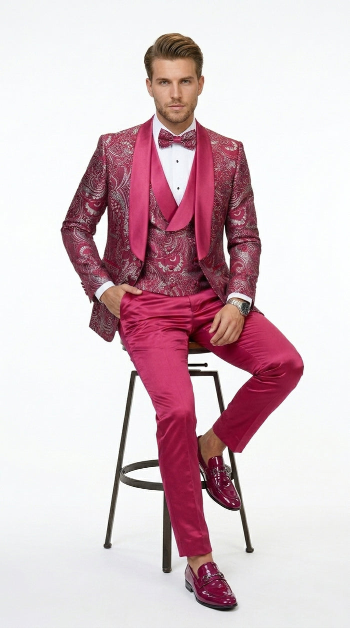 Statement Men’s Red Patterned Vested Tuxedo with Bowtie, Paisley Formal Wedding Prom Suit Set