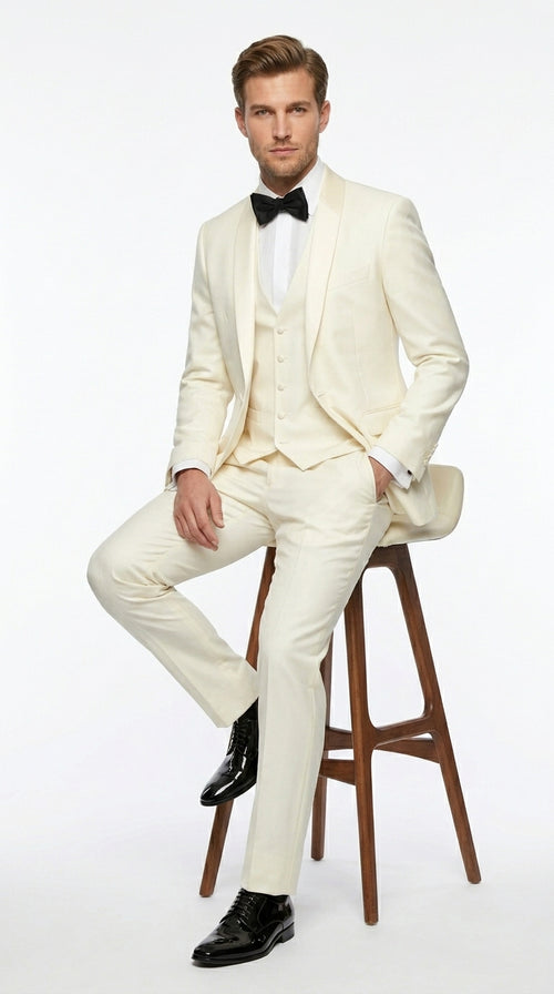 Statement Men’s Off White 100% Wool Vested Tuxedo with White Lapel, Wedding Prom Formal Suit Set