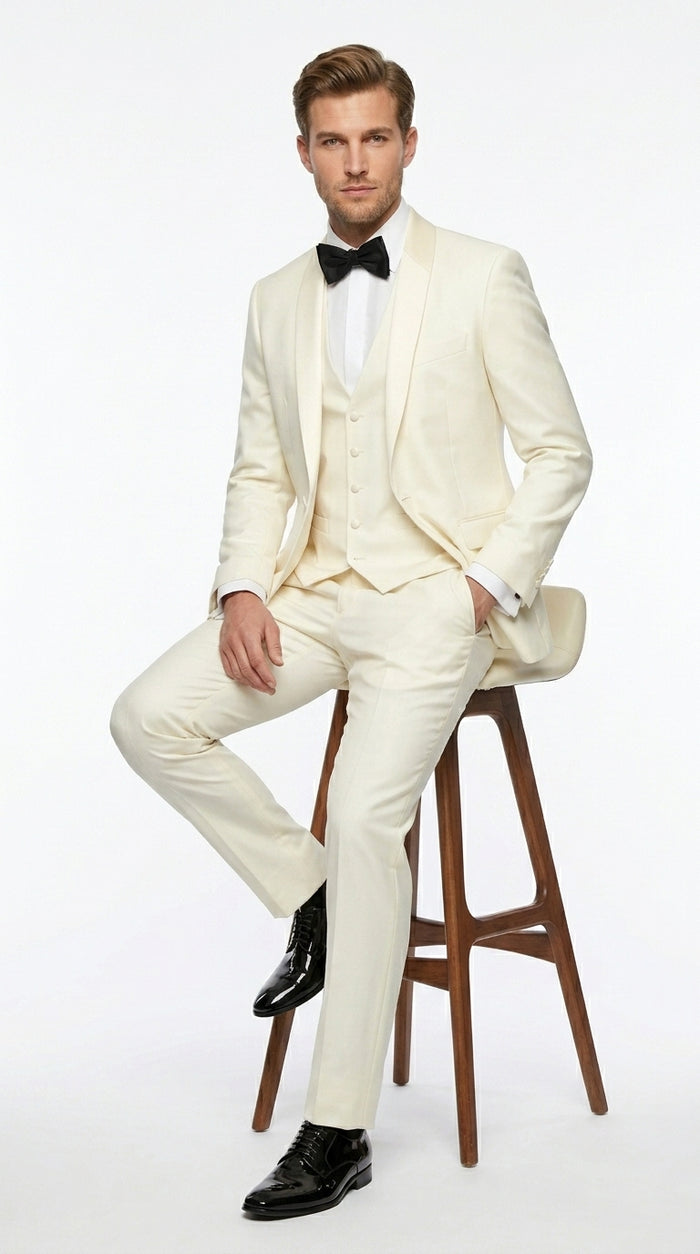 Statement Men’s Off White 100% Wool Vested Tuxedo with White Lapel, Wedding Prom Formal Suit Set
