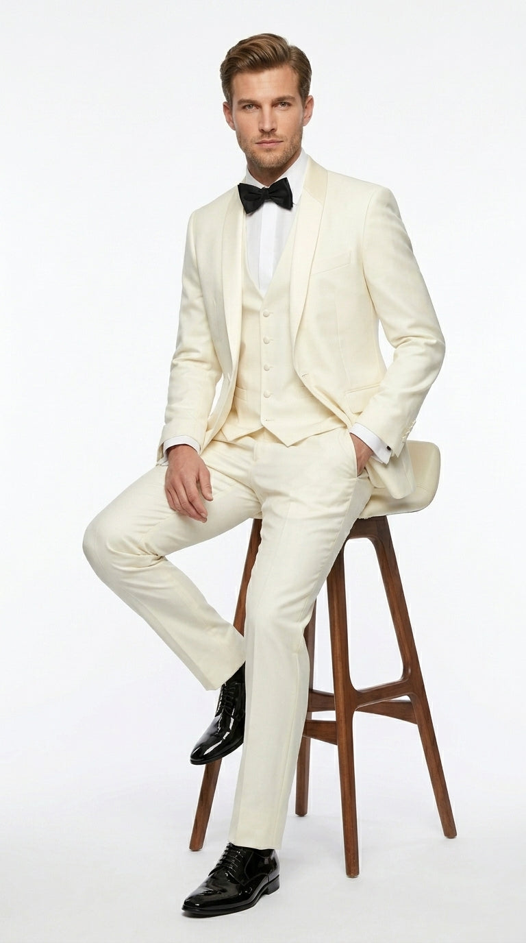 Statement Men’s Off White 100% Wool Vested Tuxedo with White Lapel, Wedding Prom Formal Suit Set