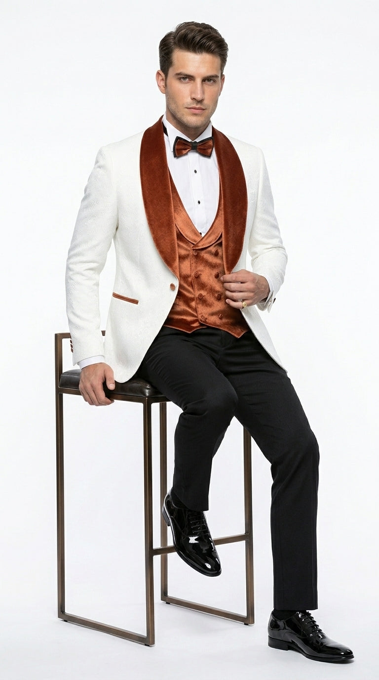 Men’s White Paisley Tuxedo with Burnt Orange Velvet Shawl Lapel, Formal Wedding Prom Dinner Suit - Orange and White