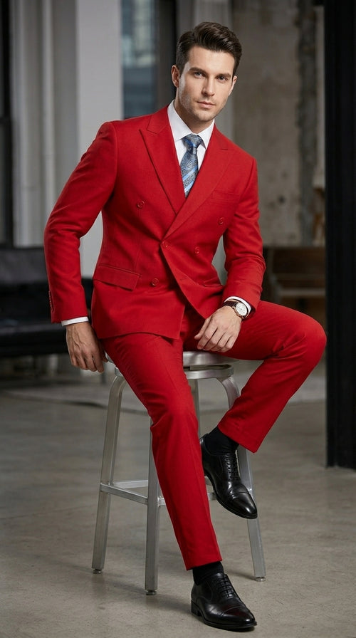 Men’s Red Double Breasted Poplin Suit, Classic Formal Wedding Church Business Suit Set