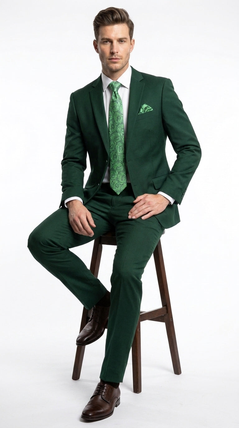 Men’s Green 2 Button Classic Fit Poplin Suit, Affordable Formal Wedding Business Dress Suit