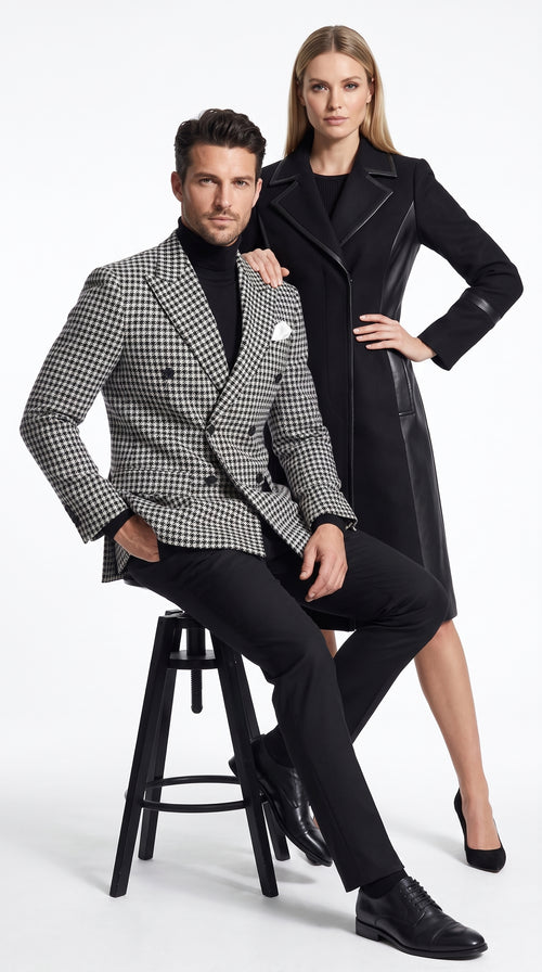 Men’s Black and White Houndstooth Blazer, 100% Wool Modern Fit Sport Coat