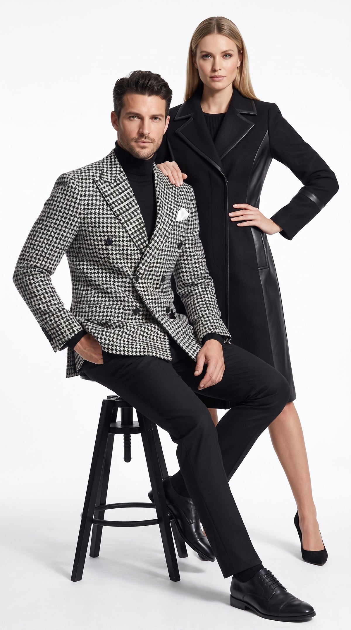 Men’s Black and White Houndstooth Blazer, 100% Wool Modern Fit Sport Coat