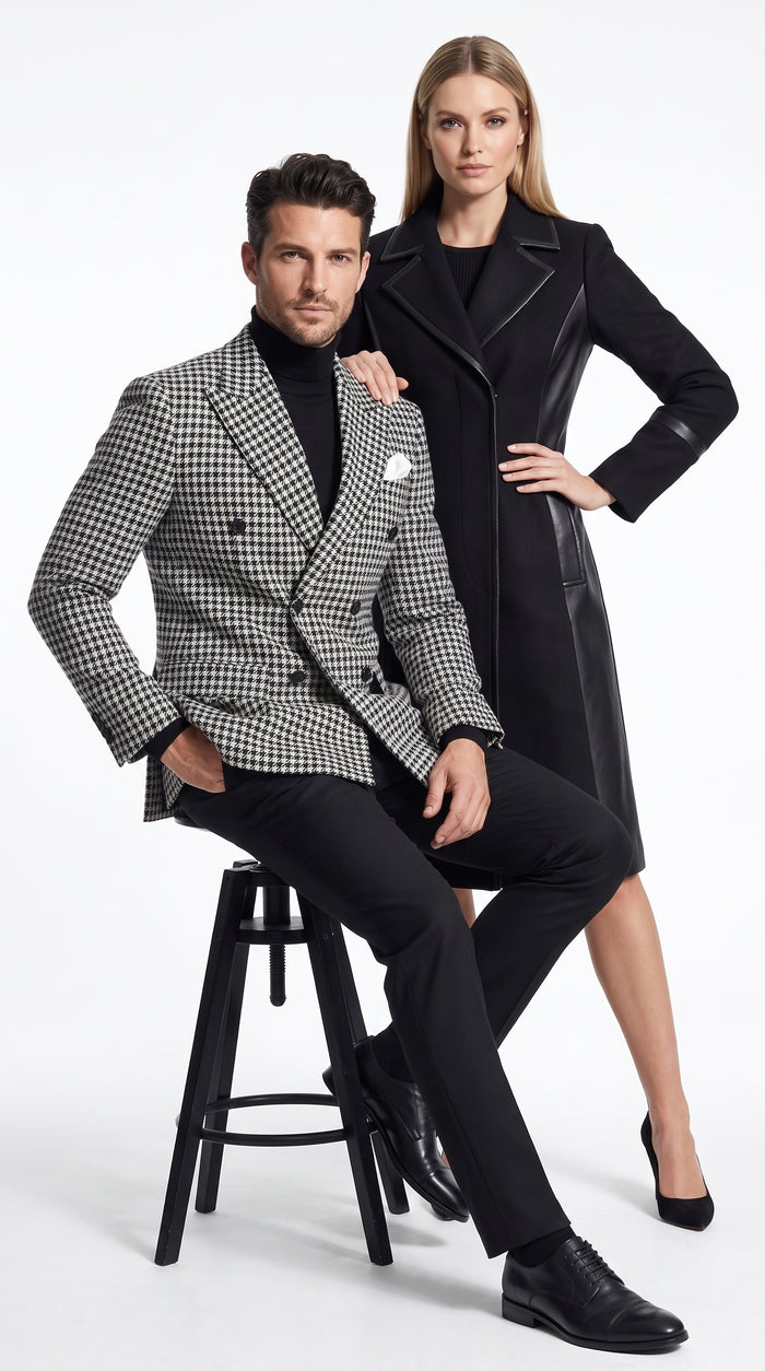 Men’s Black and White Houndstooth Blazer, 100% Wool Modern Fit Sport Coat