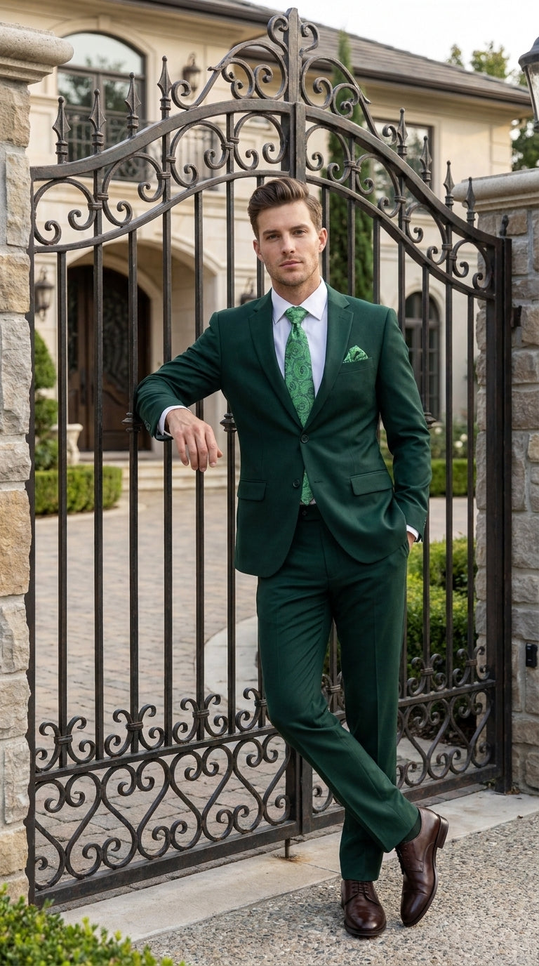 Men’s Green 2 Button Classic Fit Poplin Suit, Affordable Formal Wedding Business Dress Suit