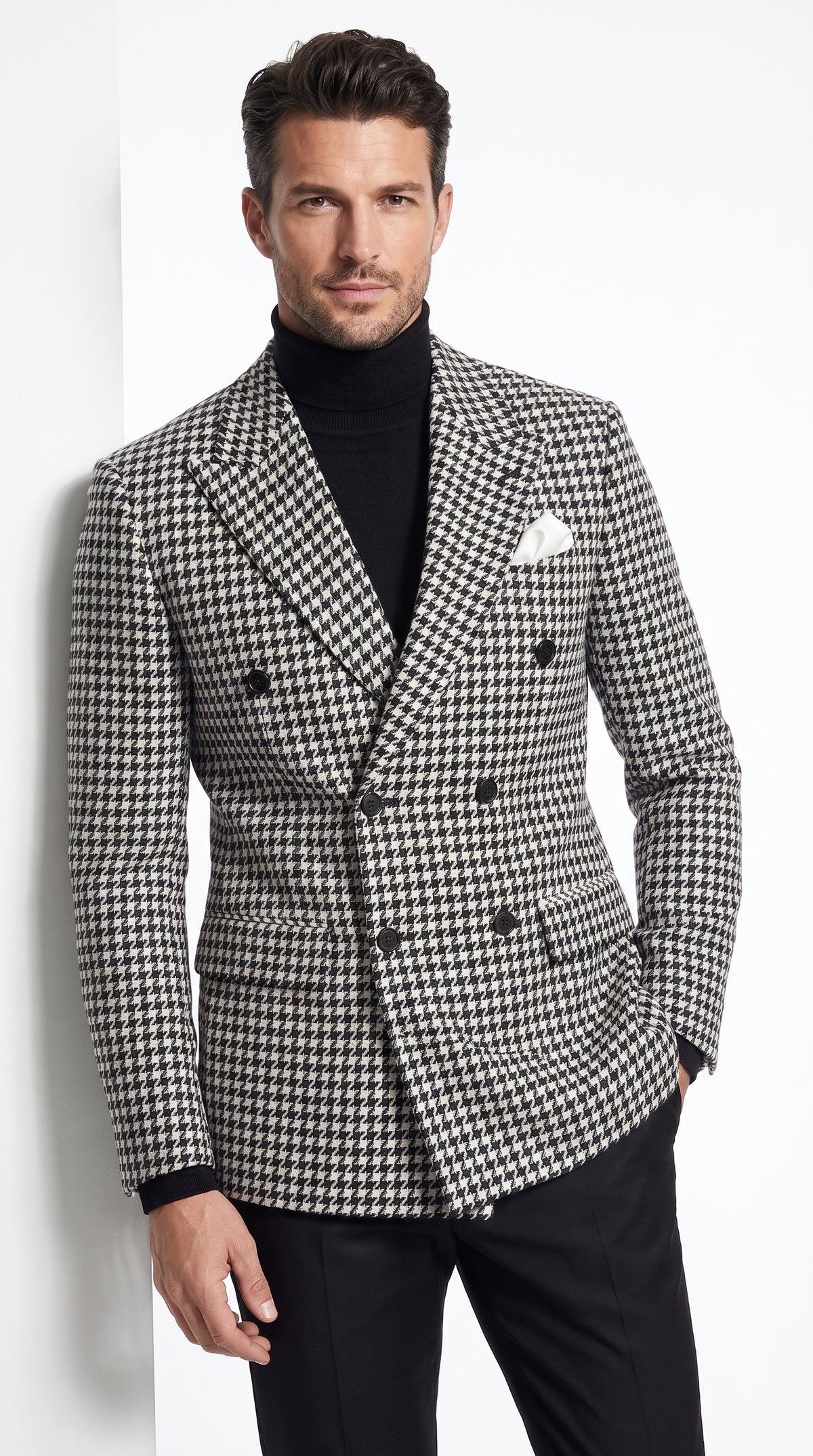 Men’s Black and White Houndstooth Blazer, 100% Wool Modern Fit Sport Coat