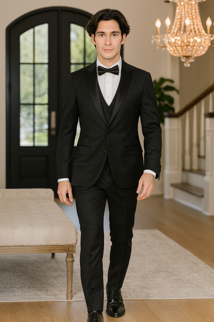 Mens 3-Piece Slim-Fit Shiny All Satin Suit Black