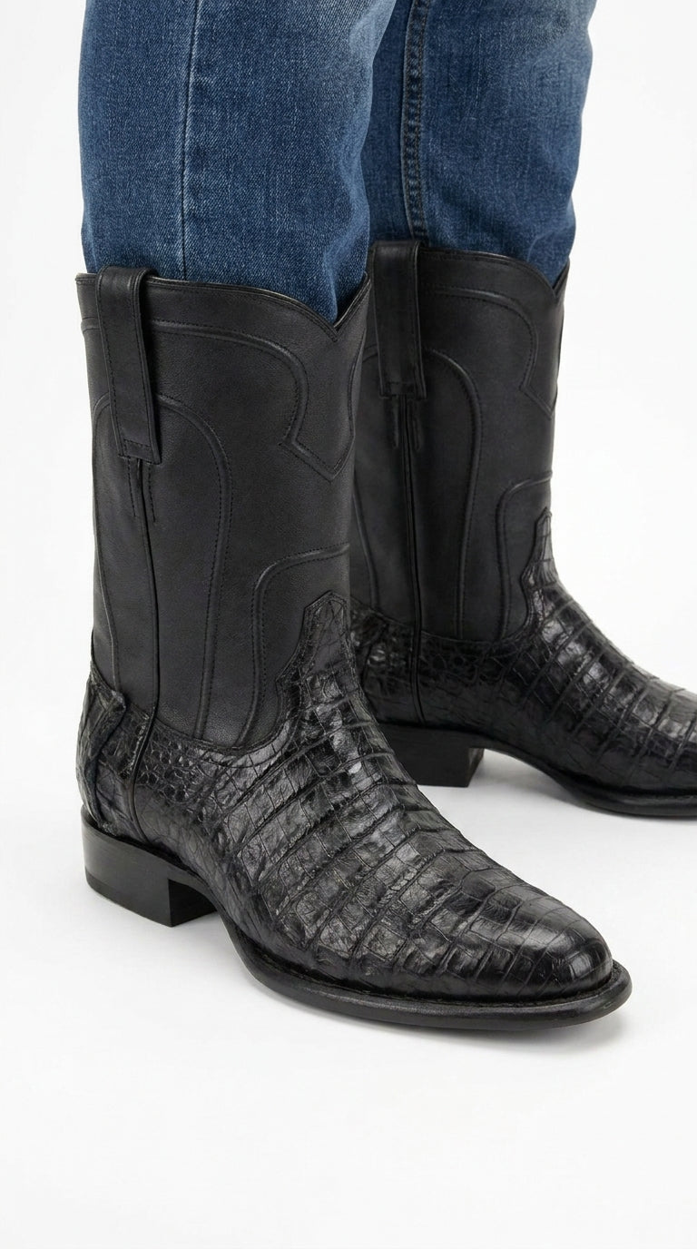 Men’s Black Caiman Belly Roper Boots, Exotic Western Cowboy Dress Boots