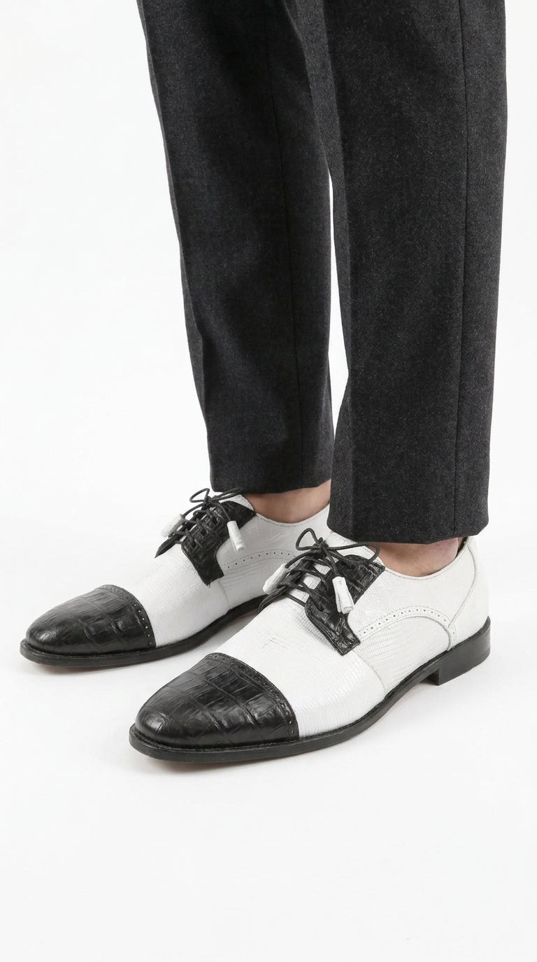 Los Altos Men’s Black and White Genuine Teju Lizard and Caiman Lace-Up Dress Shoes - US 8.0 Standard/D/ Medium / Eu:41-42
