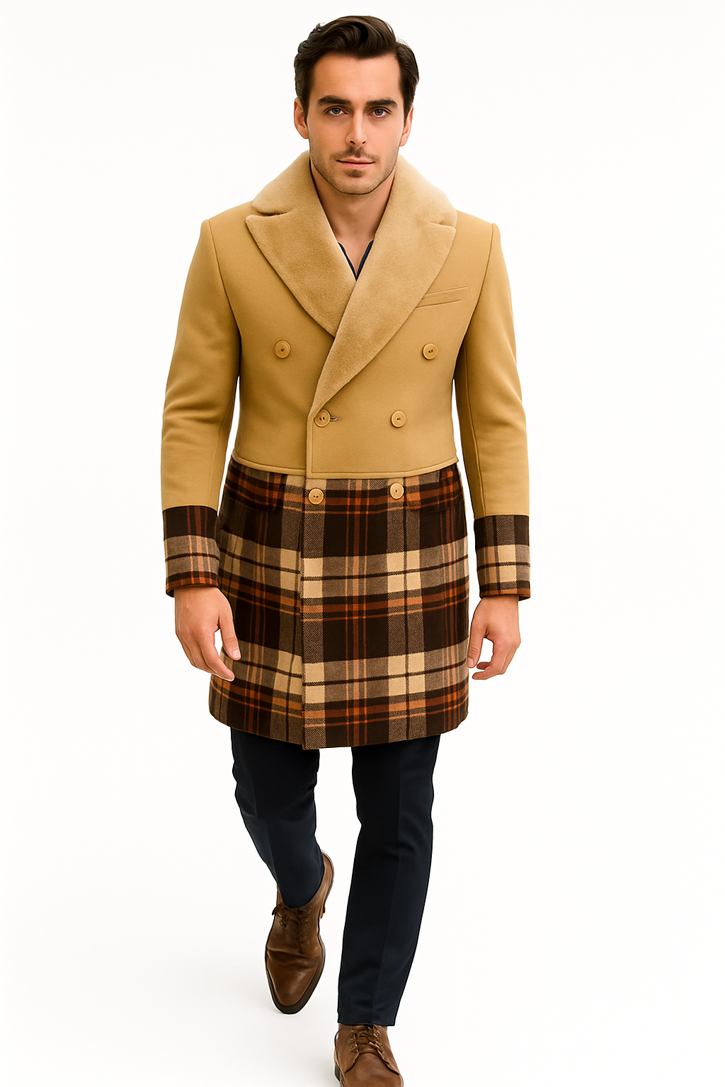 Mens Wool Plaid Peacoat - Plaid Pattern Wool camel-tan Coat - Coat Size 38