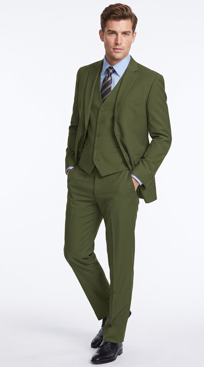 Men’s Olive Classic Fit 3 Piece Suit, Flat Front Vested Formal Wedding Business Suit