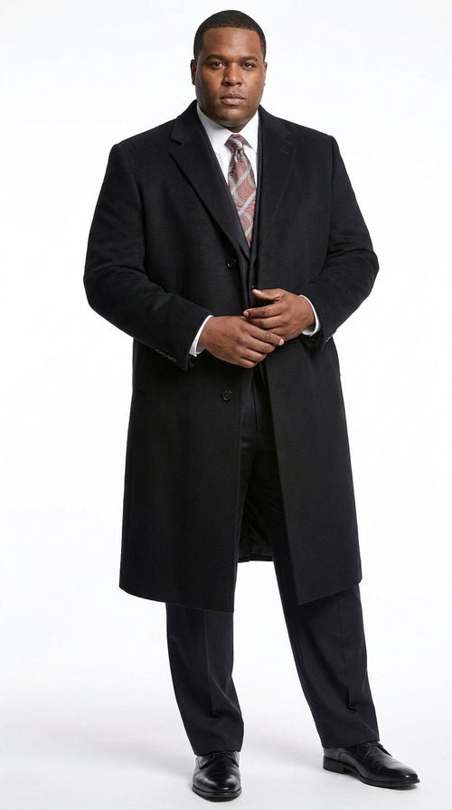Men’s Black Wool and Cashmere Full Length Overcoat, Luxury Formal Dress Coat