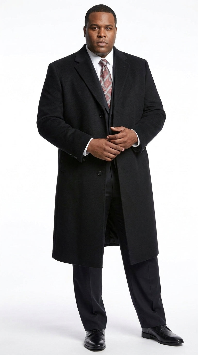 Men’s Black Wool and Cashmere Full Length Overcoat, Luxury Formal Dress Coat