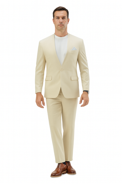 Mens Two Piece Linen Suit Relaxed Hybrid Fit No Collar
