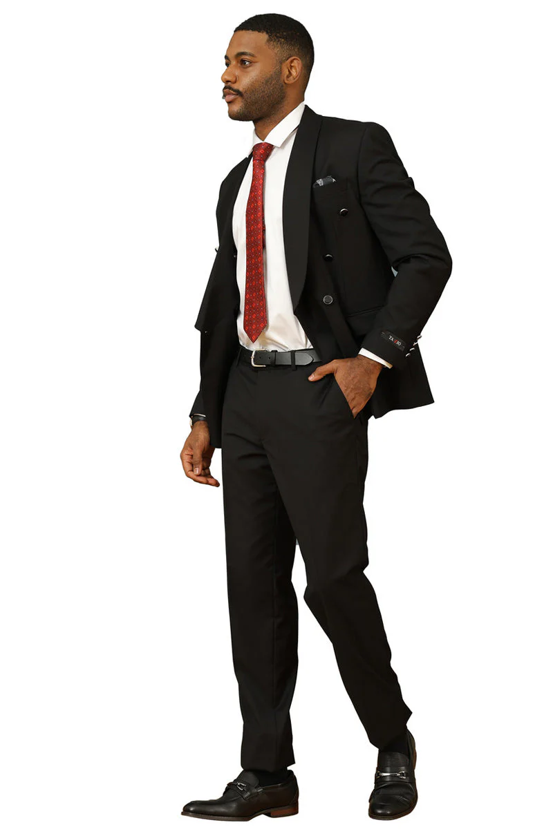 Mens Modern Fit Double Breasted Shawl Lapel Suit in Black - 34 Short or Extra Small