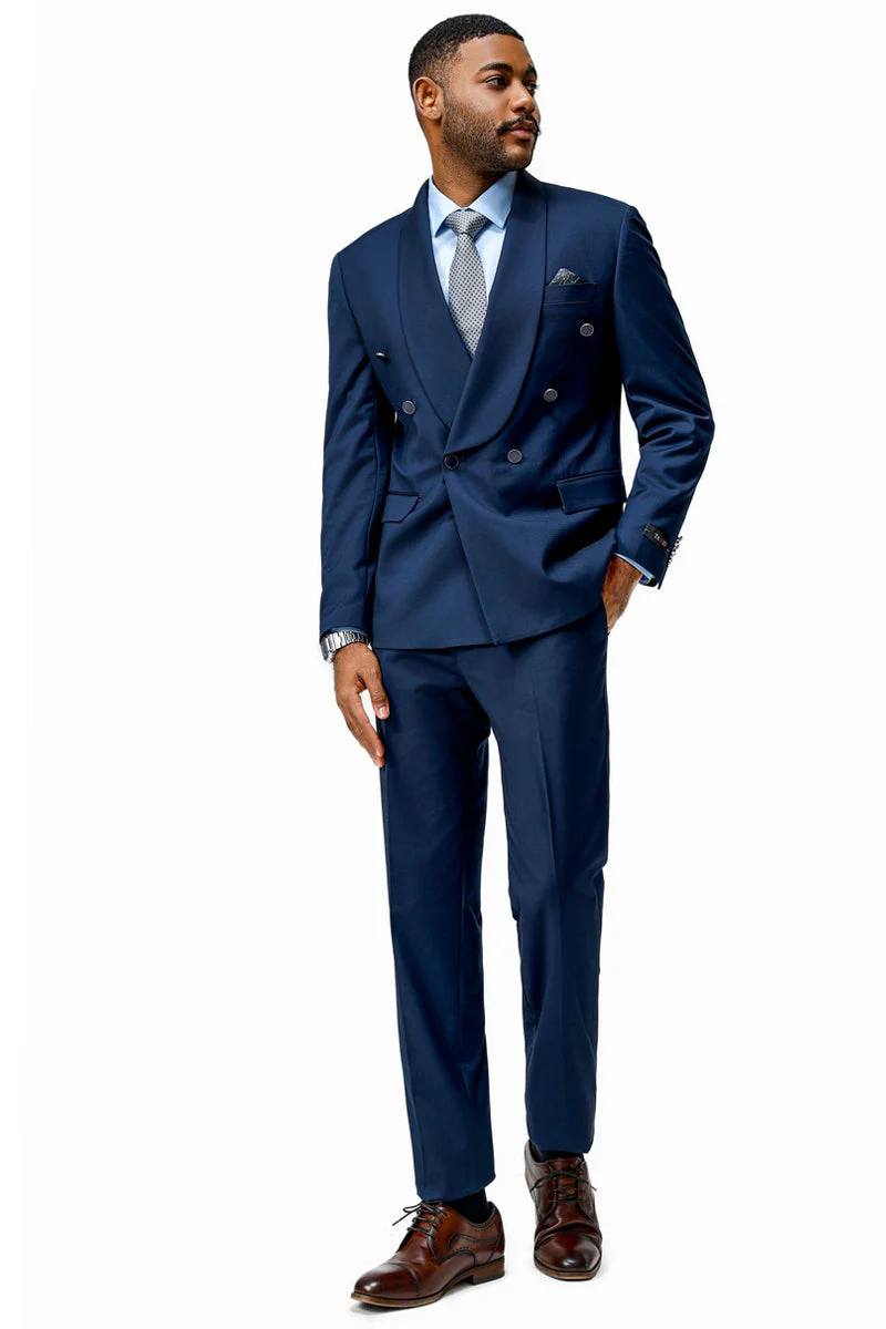 Mens Modern Fit Double Breasted Shawl Lapel Suit in Navy - 34 Short or Extra Small