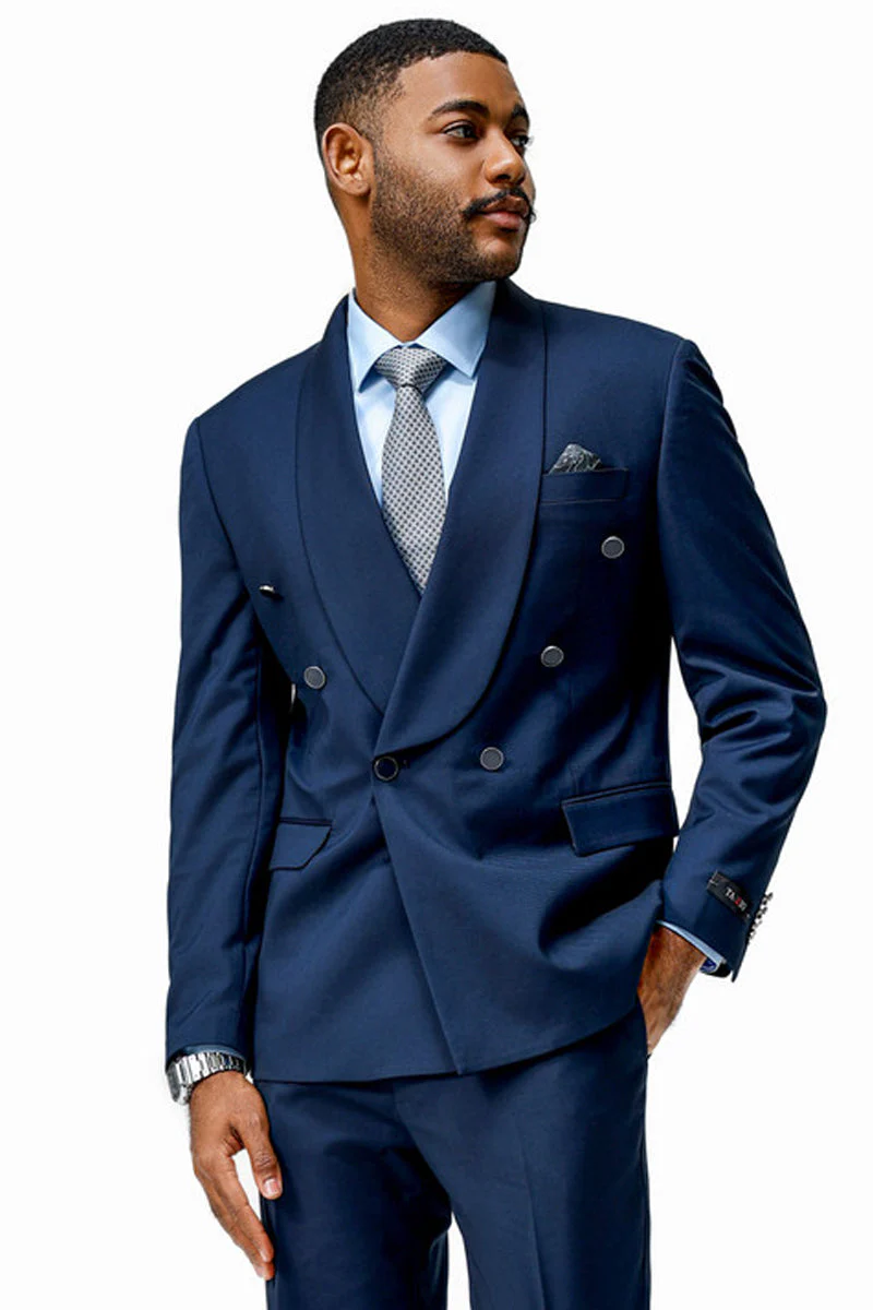 Mens Modern Fit Double Breasted Shawl Lapel Suit in Navy - 34 Short or Extra Small