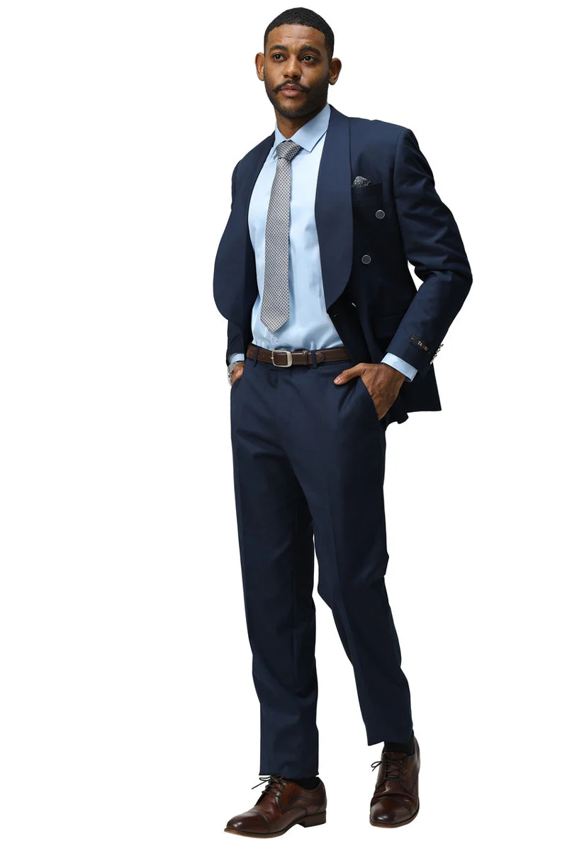 Mens Modern Fit Double Breasted Shawl Lapel Suit in Navy - 34 Short or Extra Small