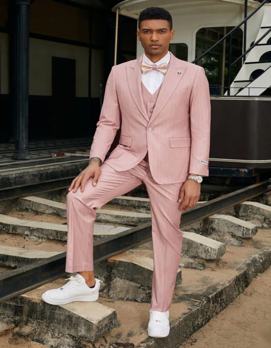 Men's Stacy Adams One Button Vested Modern Pinstripe Rose Pink Suit - 38 Short Jacket+32 Waist Adjustable 28to34)(Height: 5 4 to5 7 )(Neck  15-16.5)S-M)