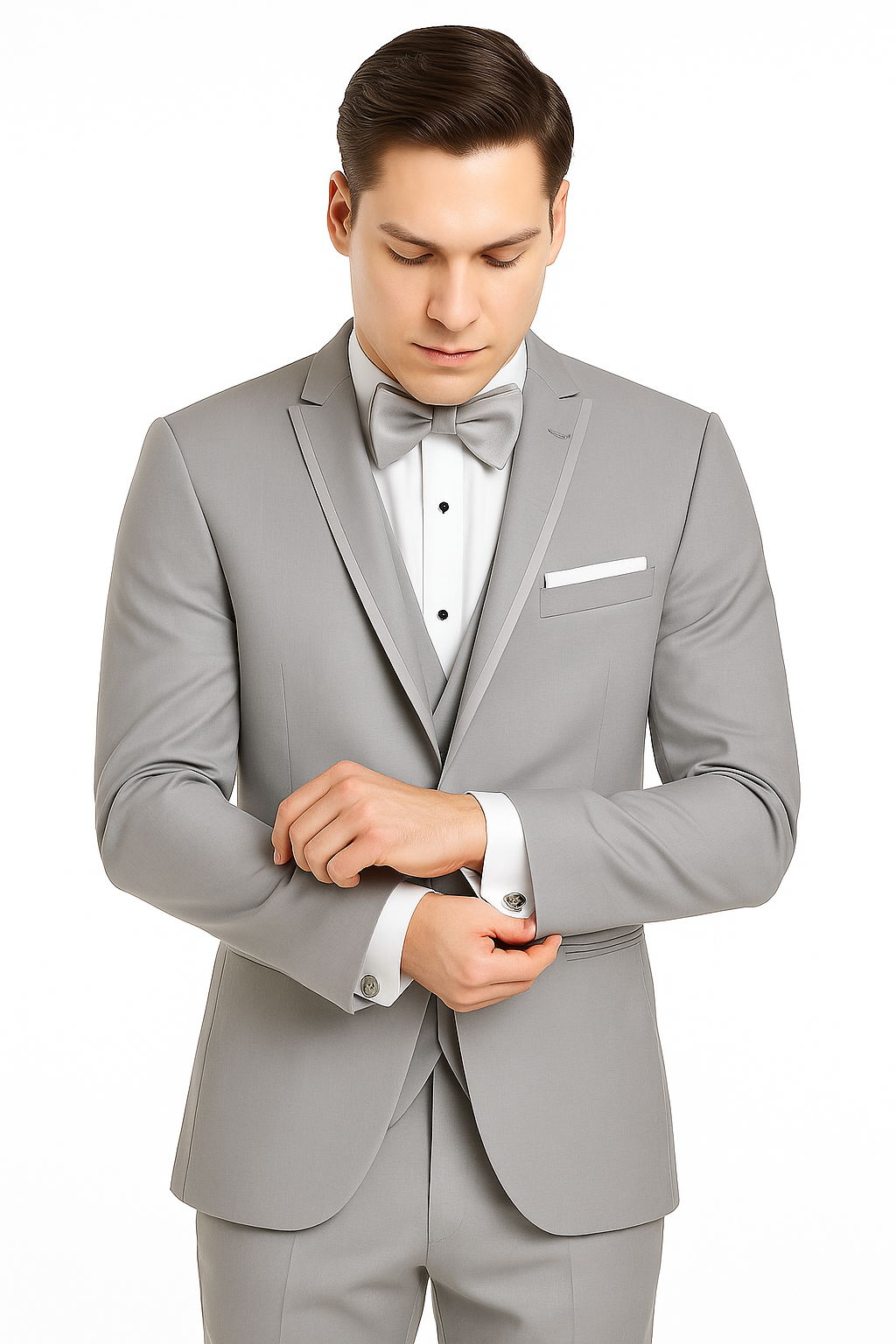Mens Designer Marseille One Button Satin Trimmed Peak Tuxedo Light Grey - 38 Short Jacket+32 Waist Adjustable 28to34)(Height: 5 4 to5 7 )(Neck  15-16.5)S-M)