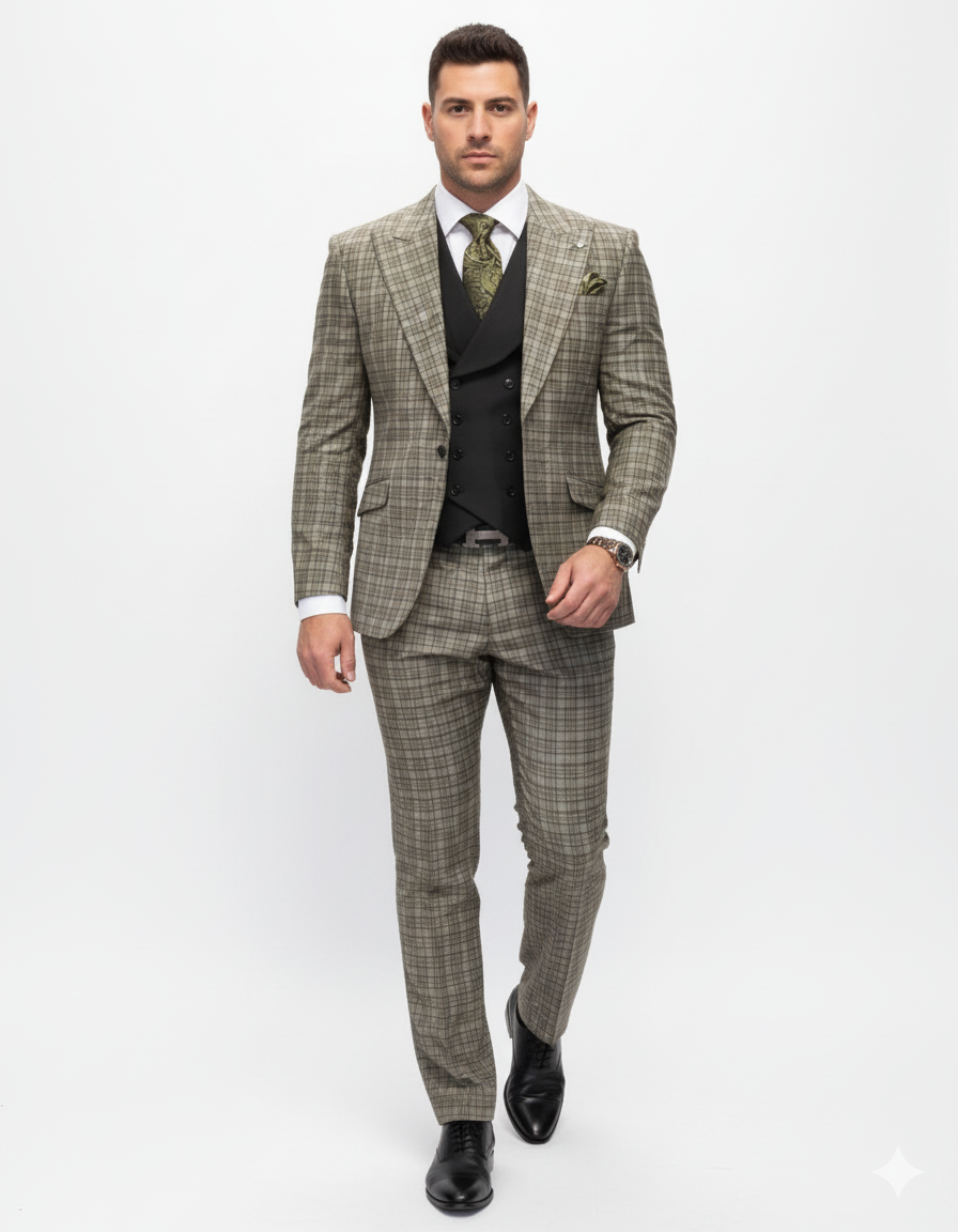 Statement Suits - Wool Suits - Peak Lapel Suits - Ticket Pocket - Modern Fit - Olive Suit - Coat Size 38