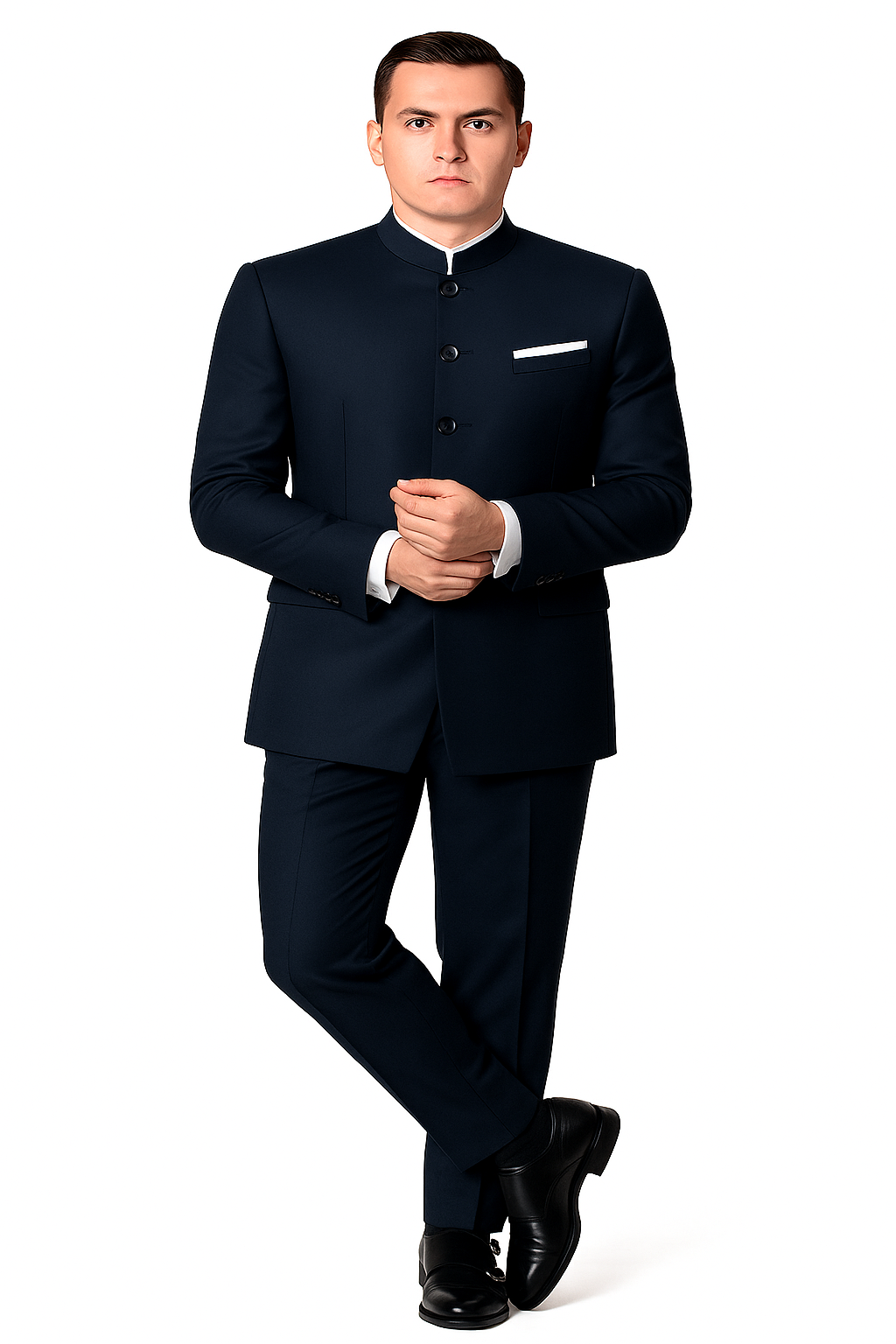 Mandarin Suit - Navy Blue Color Banded Collar Suit - Chines Collar in Color Dark Blue - Coat Size 38