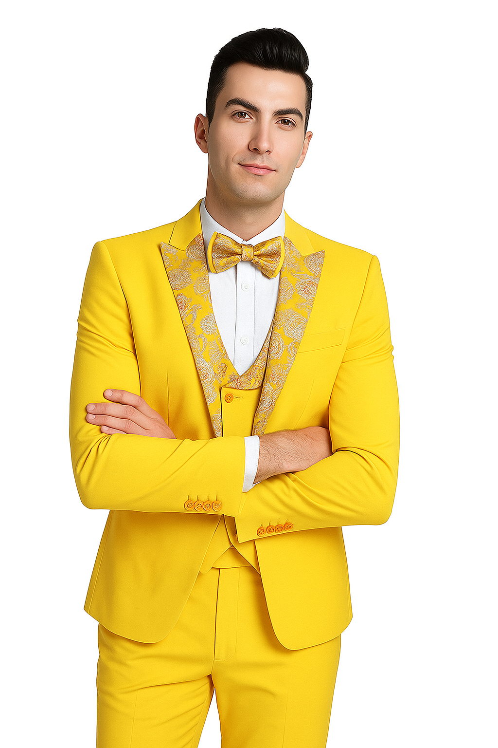 Radiant Golden Bloom Mens 3-Piece Suits with Floral Peak Lapel - 36 Short