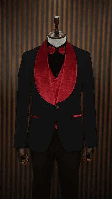 Black and Red Velvet Lapel Tuxedo -  Red Wedding  Double Slit Shawl collar  Tuxedo - Two Toned