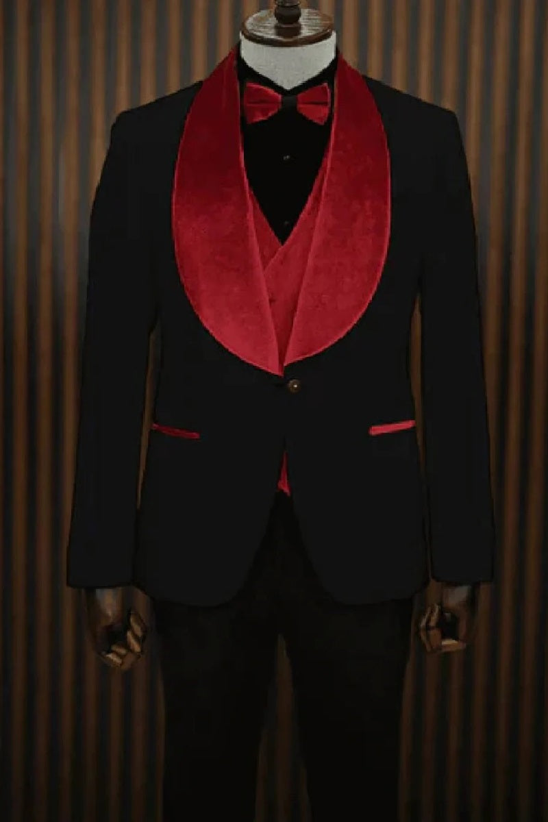 Black and Red Velvet Lapel Tuxedo -  Red Wedding  Double Slit Shawl collar  Tuxedo - Two Toned Black Velvet Suits and Tuxedos