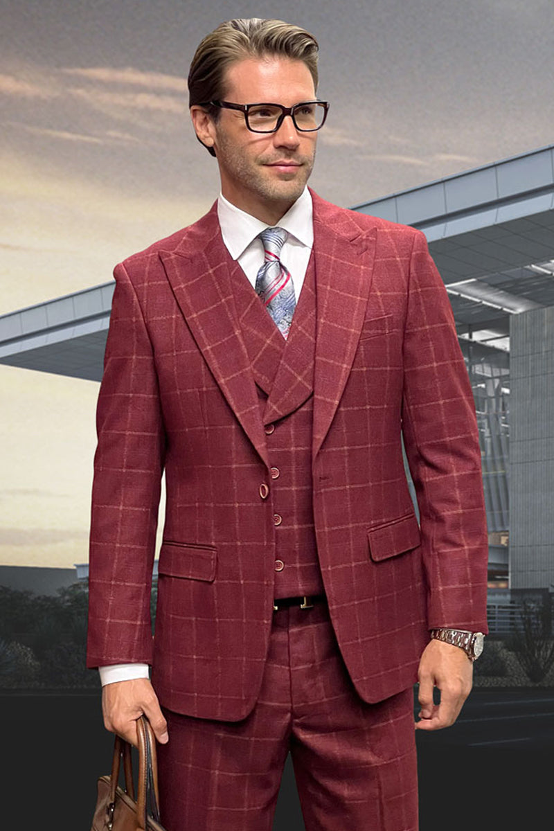 Men's Designer Wool Suit with Double Breasted Vest in Burgundy Windowpane Plaid - 36 Short