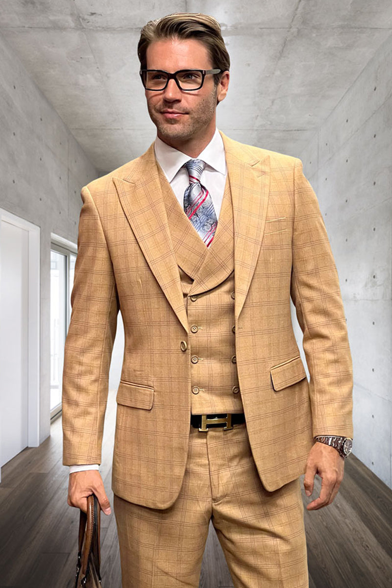 Men's Designer Wool Suit with Double Breasted Vest in Camel Windowpane Plaid - 36 Short