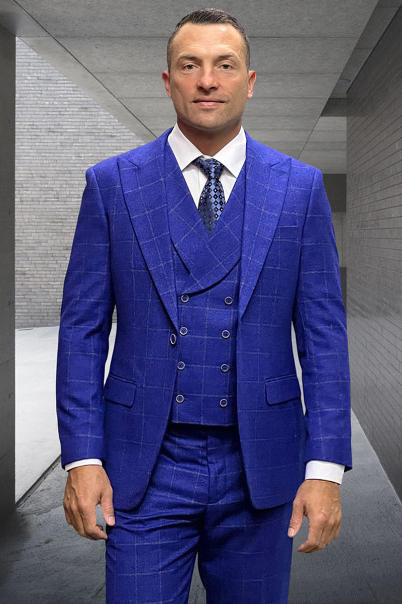Men's Designer Wool Suit with Double Breasted Vest in Cobalt Blue Windowpane Plaid - 36 Short