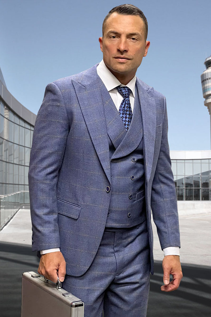 Men's Designer Wool Suit with Double Breasted Vest in Steel Blue Windowpane Plaid - 36 Short