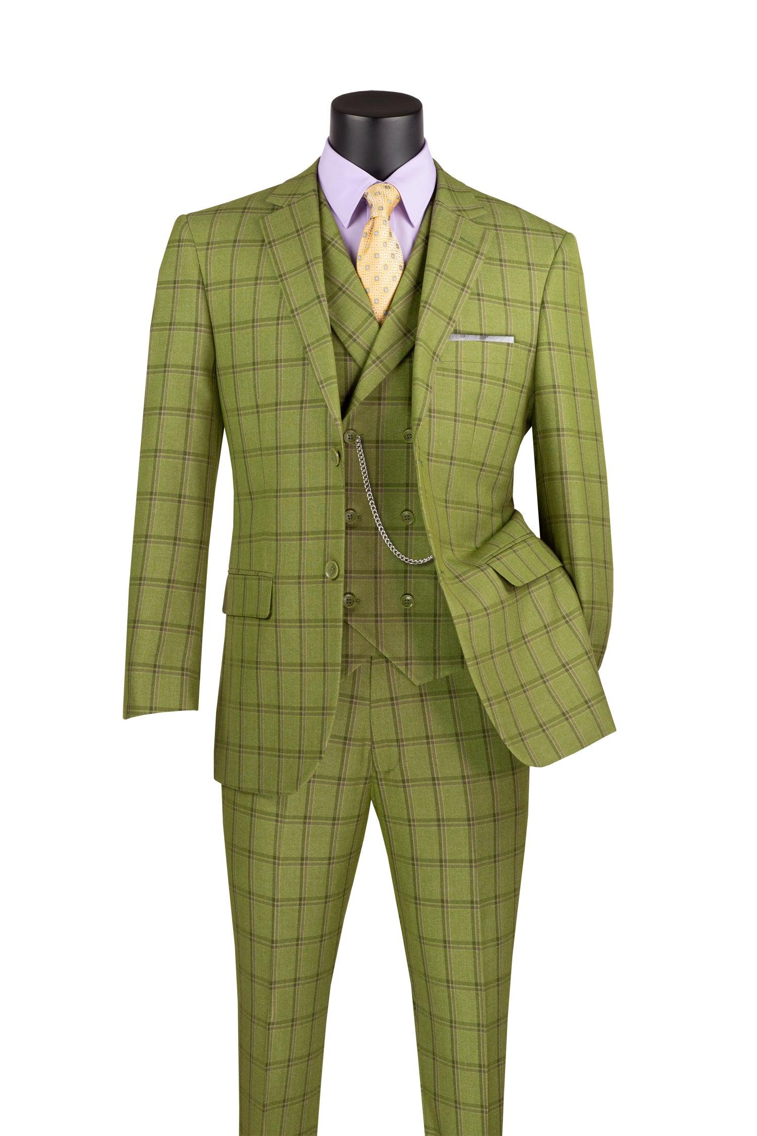 La Scale Collection-Windowpane Three Piece Suit - Moss Green - 36 Short  - 30 Waist