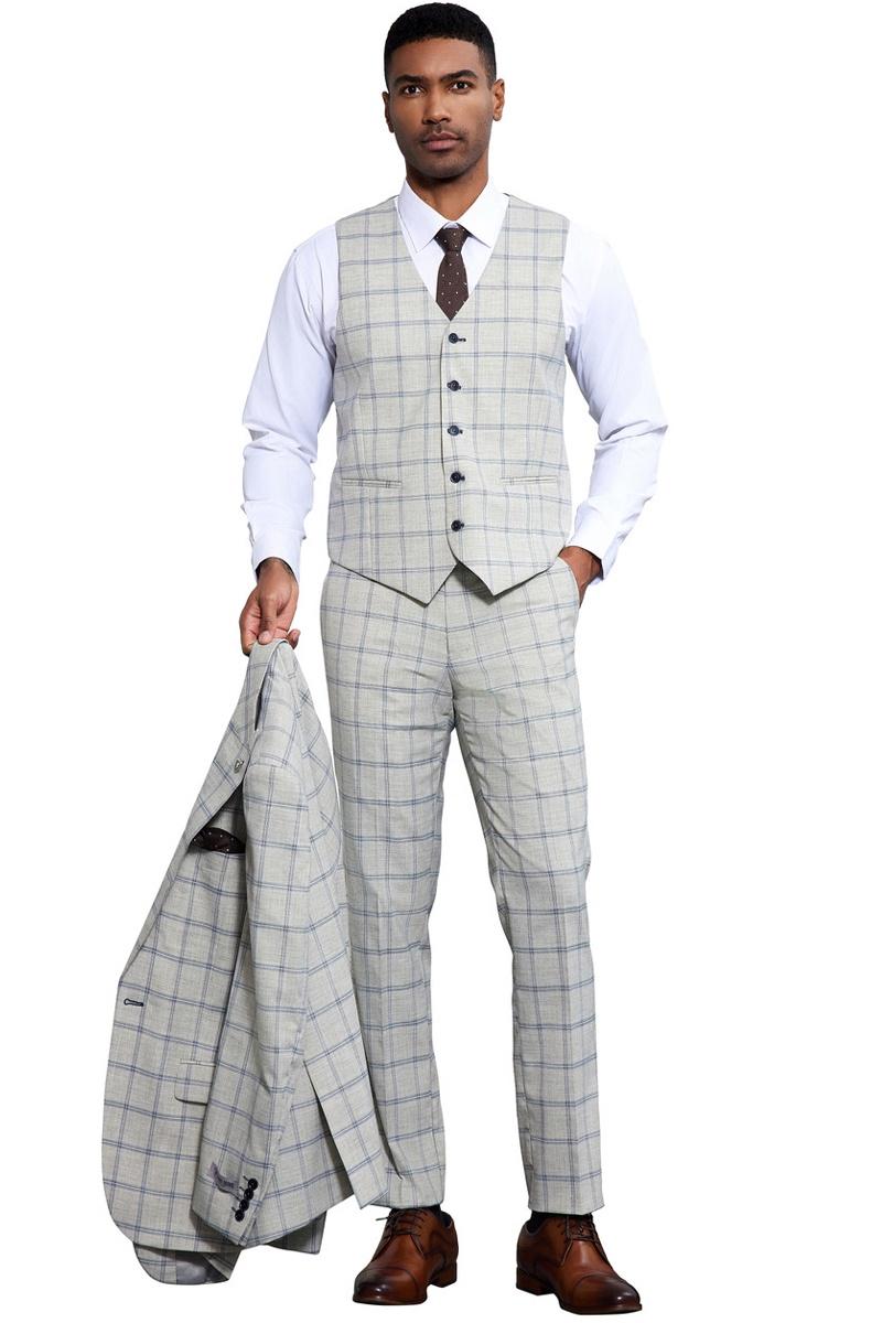 Men's Stacy Adams One Button Peak Lapel Vested Windowpane Plaid Suit in Grey & Blue - 38 Regular