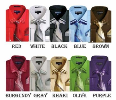 French Cuff With Tie And Handkerchief Style Multi-Color Men's Dress Shirt - Medium 15.5” Neck / 34-35” Sleeve