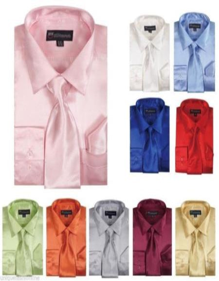 Shiny Satin With Tie And Handkerchief Set Multi-Color Men's Dress Shirt - Medium 15.5” Neck / 34-35” Sleeve