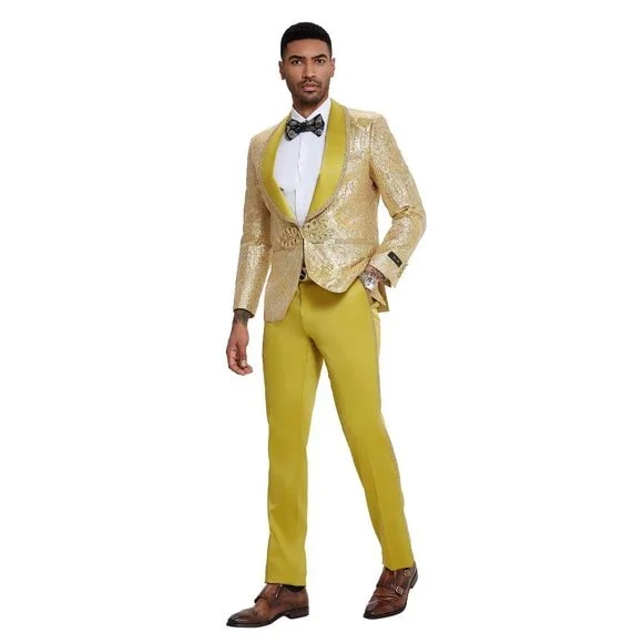 2026 Prom 2026 Special Mustard Paisley 2pc Mens Suit by Tazzio - 38 Short Jacket+32 Waist Adjustable 28to34)(Height: 5 4 to5 7 )(Neck  15-16.5)S-M)