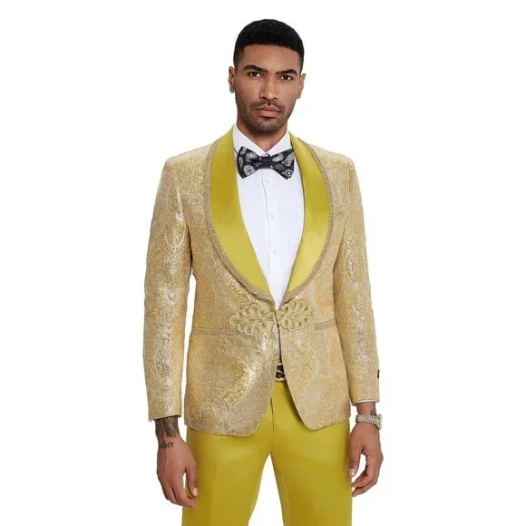 2026 Prom 2026 Special Mustard Paisley 2pc Mens Suit by Tazzio - 38 Short Jacket+32 Waist Adjustable 28to34)(Height: 5 4 to5 7 )(Neck  15-16.5)S-M)