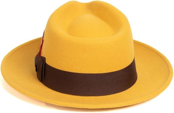 Gangster 100% Australian Wool Crushable Mens Fedora Hat - Removable Feather Gangster Mustard Mens Fedora Hat - S